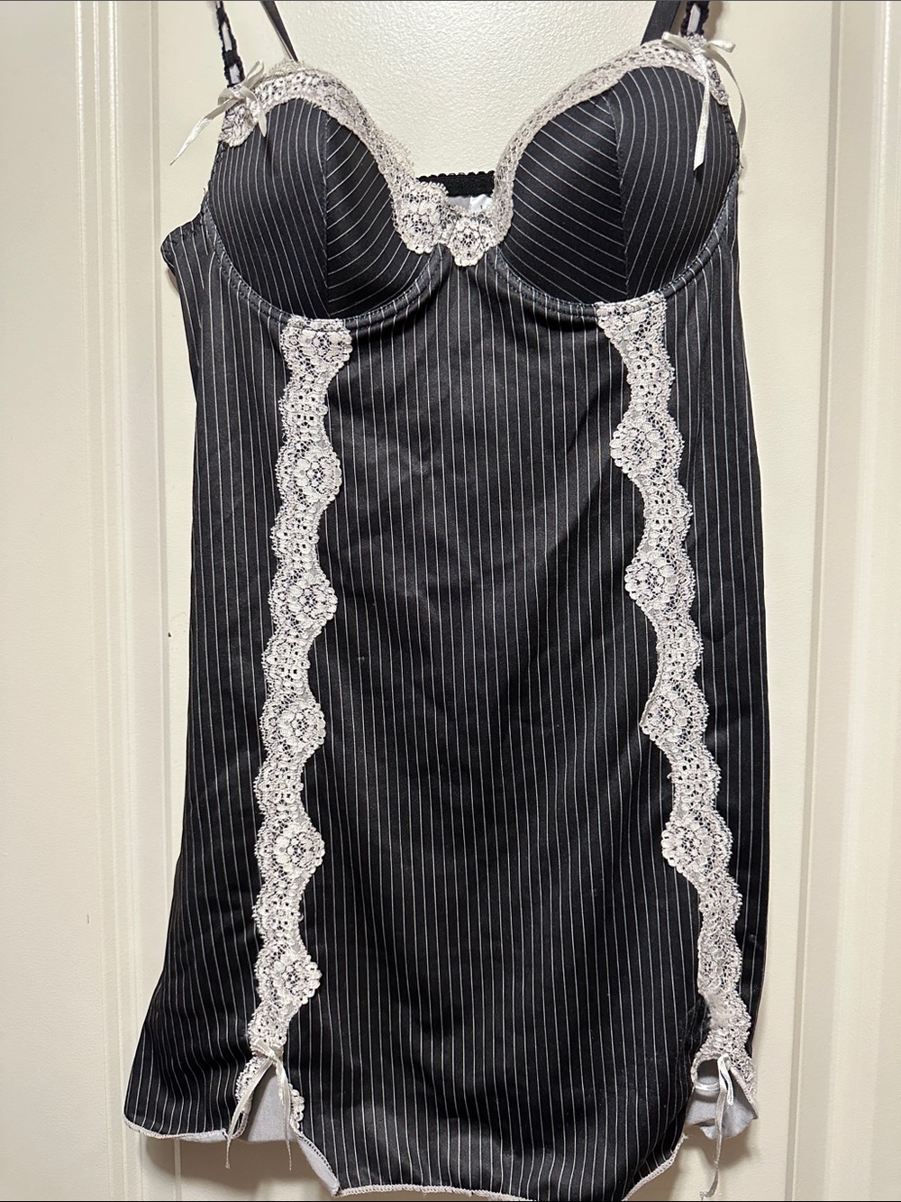 Vintage Black Pinstripe Slip with White Lace Trim